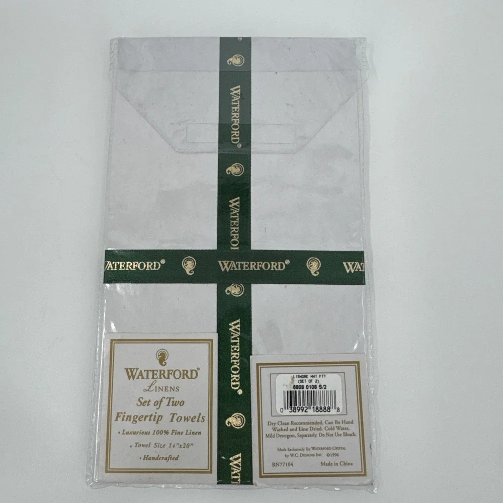 Vintage 1996 WATERFORD Fingertip Towels New 100%‎ Linen Set Of 2 White NEW